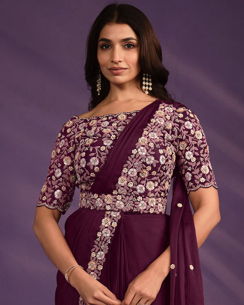 Wine Crepe Satin Silk Embroidered Readymade Saree With Stitched Blouse & Belt