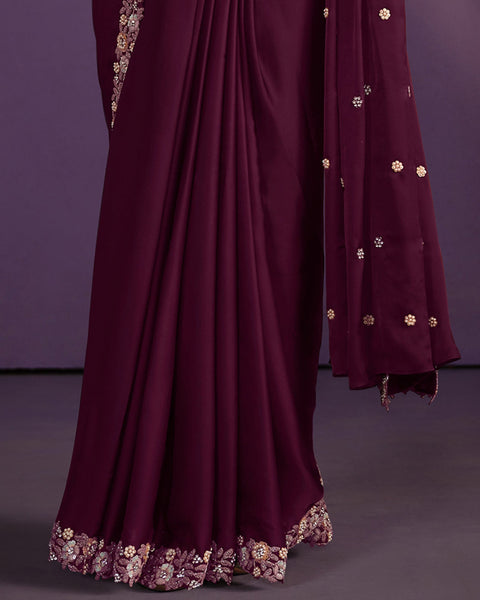 Wine Crepe Satin Silk Embroidered Readymade Saree With Stitched Blouse & Belt