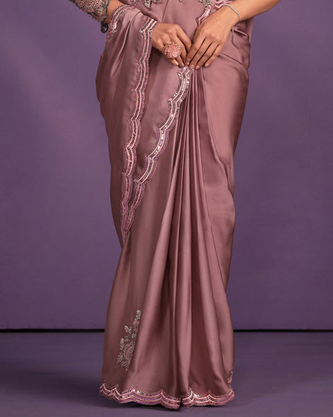 Onion Pink Crepe Satin Silk Embroidered Readymade Saree With Stitched Blouse & Belt