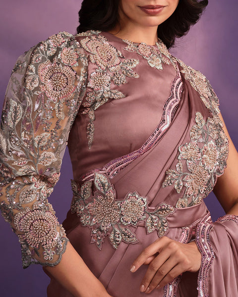Onion Pink Crepe Satin Silk Embroidered Readymade Saree With Stitched Blouse & Belt