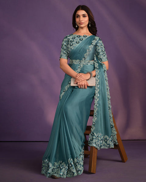 Rama Green Crepe Satin Silk Embroidered Readymade Saree With Stitched Blouse & Belt