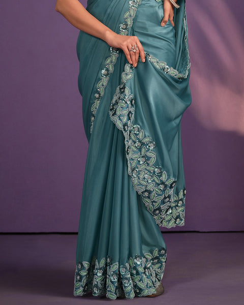 Rama Green Crepe Satin Silk Embroidered Readymade Saree With Stitched Blouse & Belt
