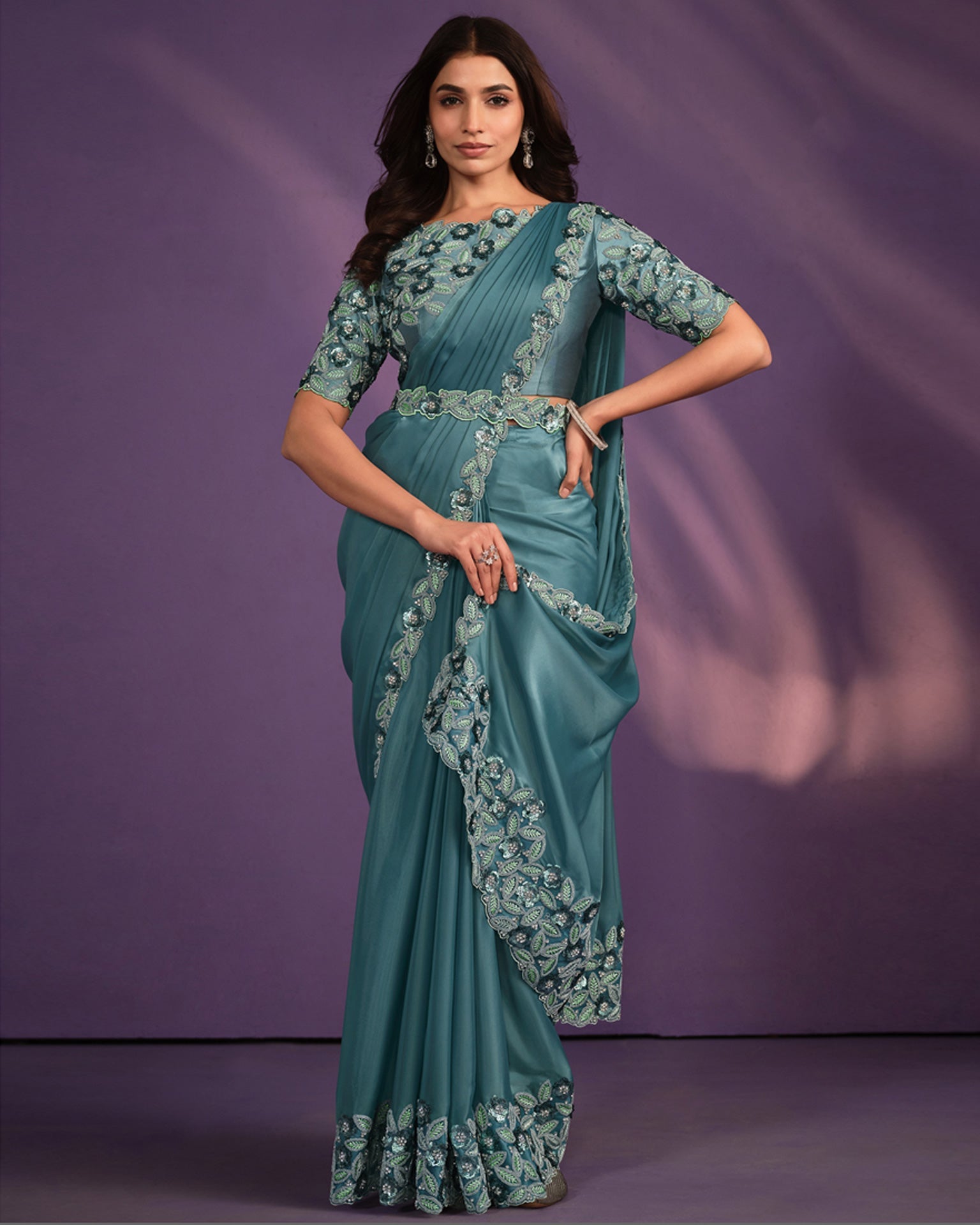 Rama Green Crepe Satin Silk Embroidered Readymade Saree With Stitched Blouse & Belt