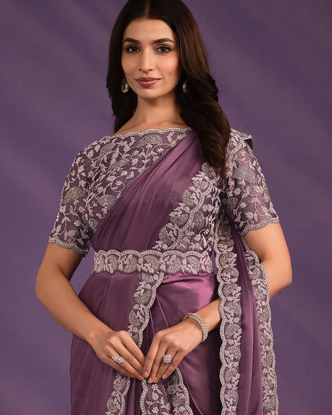 Light Purple Crepe Satin Silk Embroidered Readymade Saree With Stitched Blouse & Belt