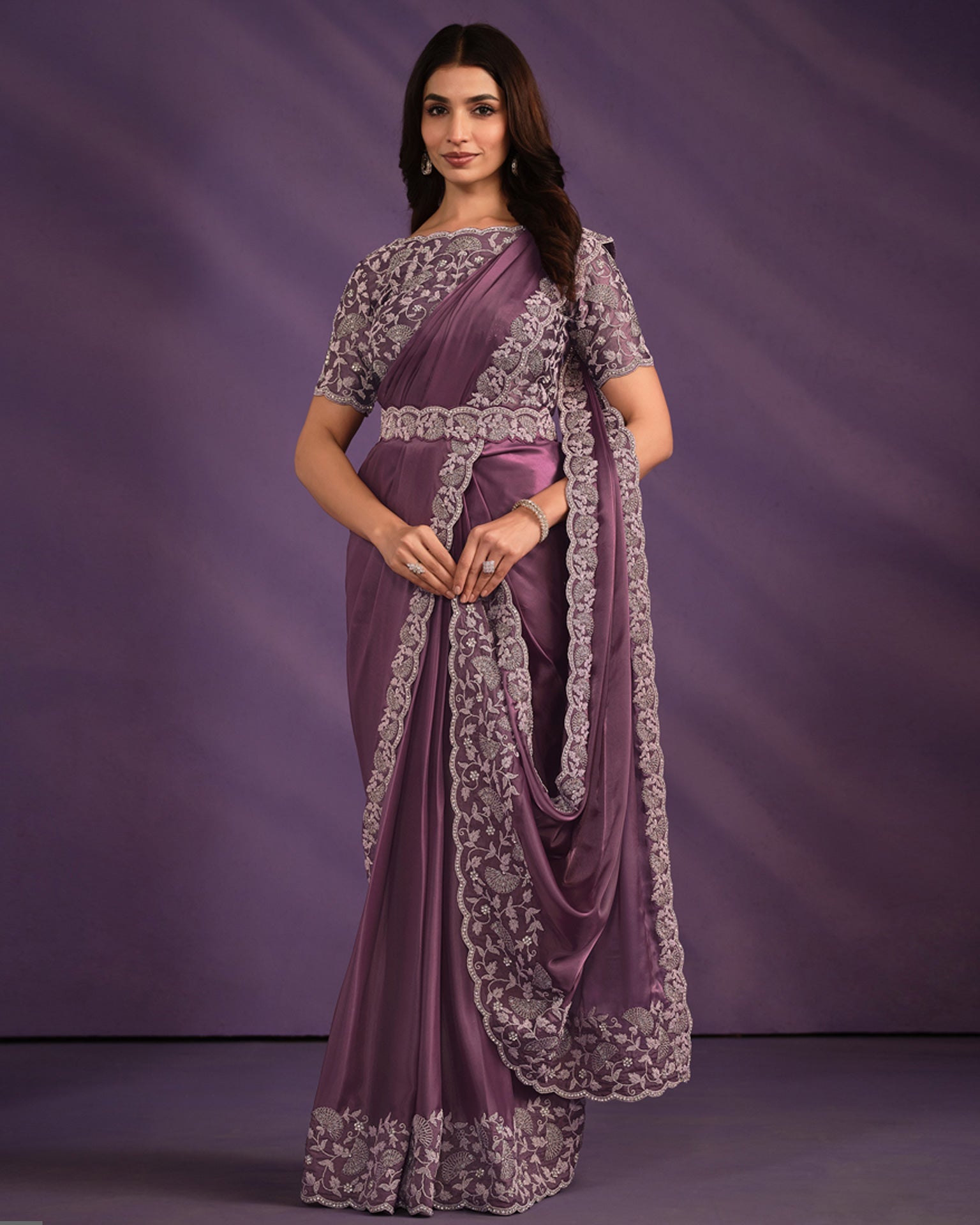 Light Purple Crepe Satin Silk Embroidered Readymade Saree With Stitched Blouse & Belt