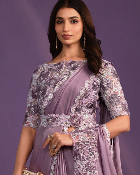 Lavender Crepe Satin Silk Embroidered Readymade Saree With Stitched Blouse & Belt
