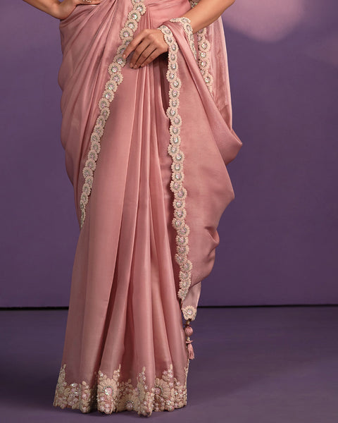 Pink Crepe Georgette Silk Embroidered Readymade Saree With Stitched Blouse & Belt