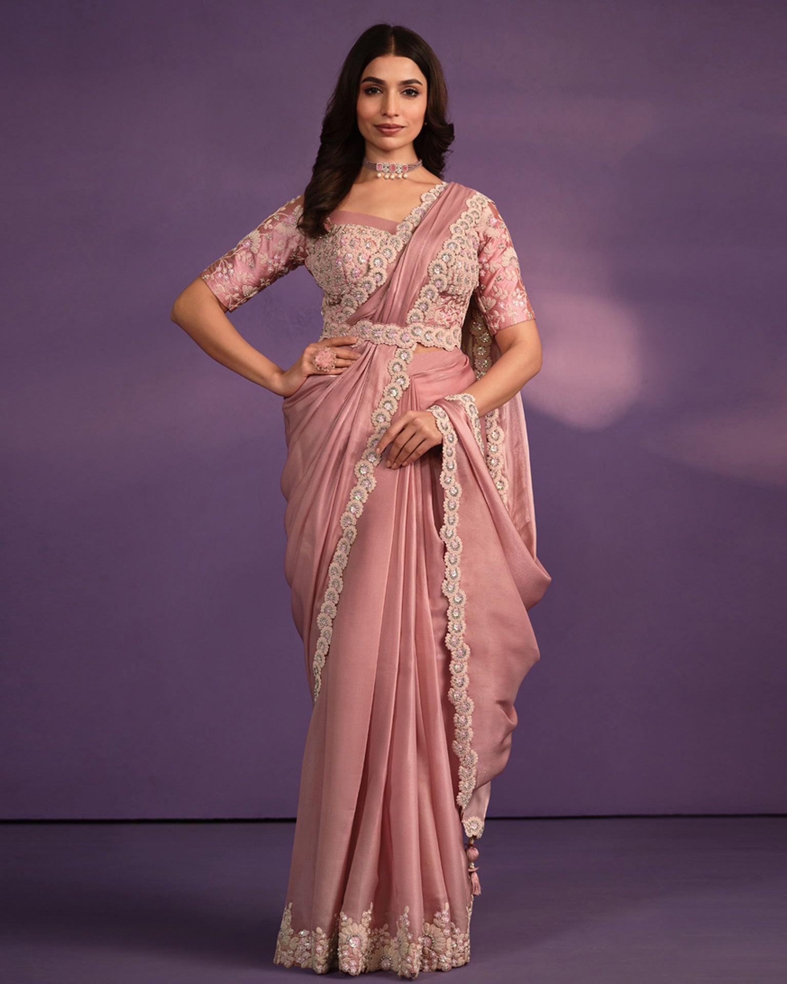 Pink Crepe Georgette Silk Embroidered Readymade Saree With Stitched Bl –  Mehak Boutique