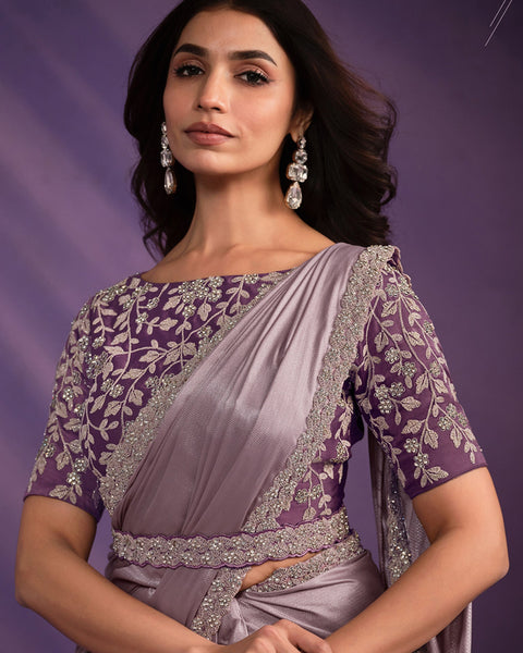 Purple Patterned Georgette Embroidered Readymade Saree With Stitched Blouse & Belt