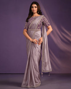 Purple Patterned Georgette Embroidered Readymade Saree With Stitched Blouse & Belt