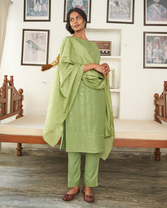 Pista Green Rayon Sequins Work Kurta With Pant & Dupatta