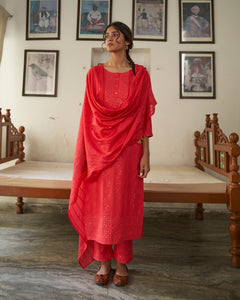 Red Rayon Sequins Work Kurta With Pant & Dupatta
