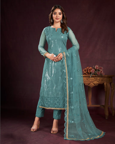 Turquoise Blue Net Sequins Work Plus Size Straight Pant Suit With Embroidered Dupatta