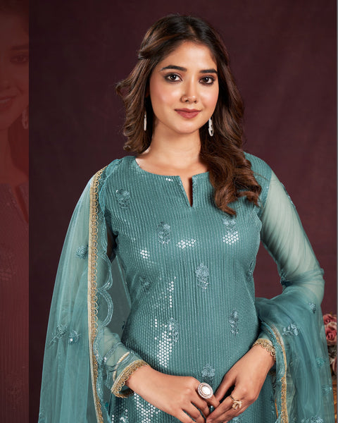 Turquoise Blue Net Sequins Work Plus Size Straight Pant Suit With Embroidered Dupatta