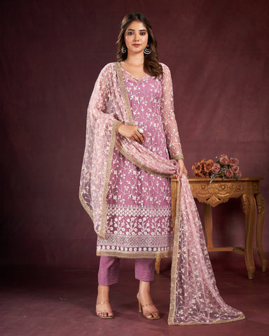 Pink Net Thread Work Plus Size Straight Pant Suit With Embroidered Dupatta