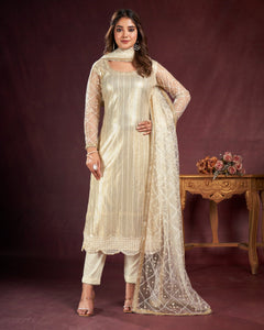 Off White Net Sequins Work Plus Size Straight Pant Suit With Embroidered Dupatta