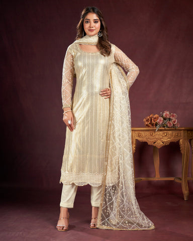Off White Net Sequins Work Plus Size Straight Pant Suit With Embroidered Dupatta