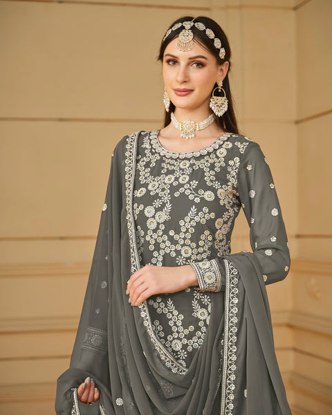 Grey Faux Georgette Sharara Suit With Dupatta
