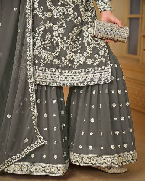 Grey Faux Georgette Sharara Suit With Dupatta