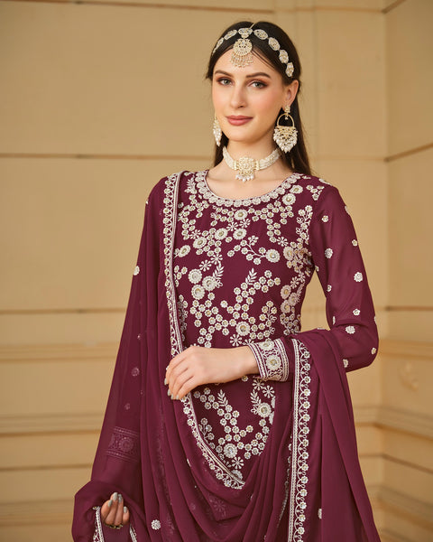Maroon Faux Georgette Sharara Suit With Dupatta