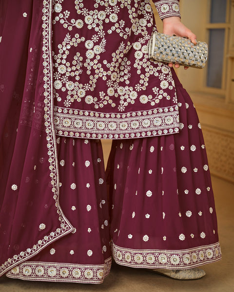 Maroon Faux Georgette Sharara Suit With Dupatta
