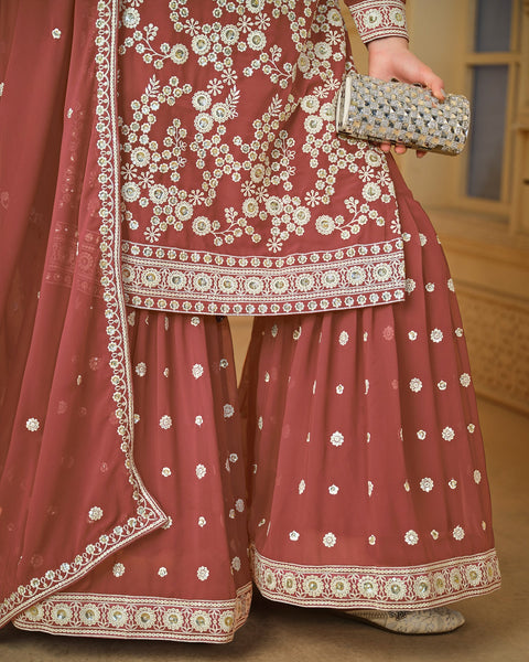 Red Faux Georgette Sharara Suit With Dupatta