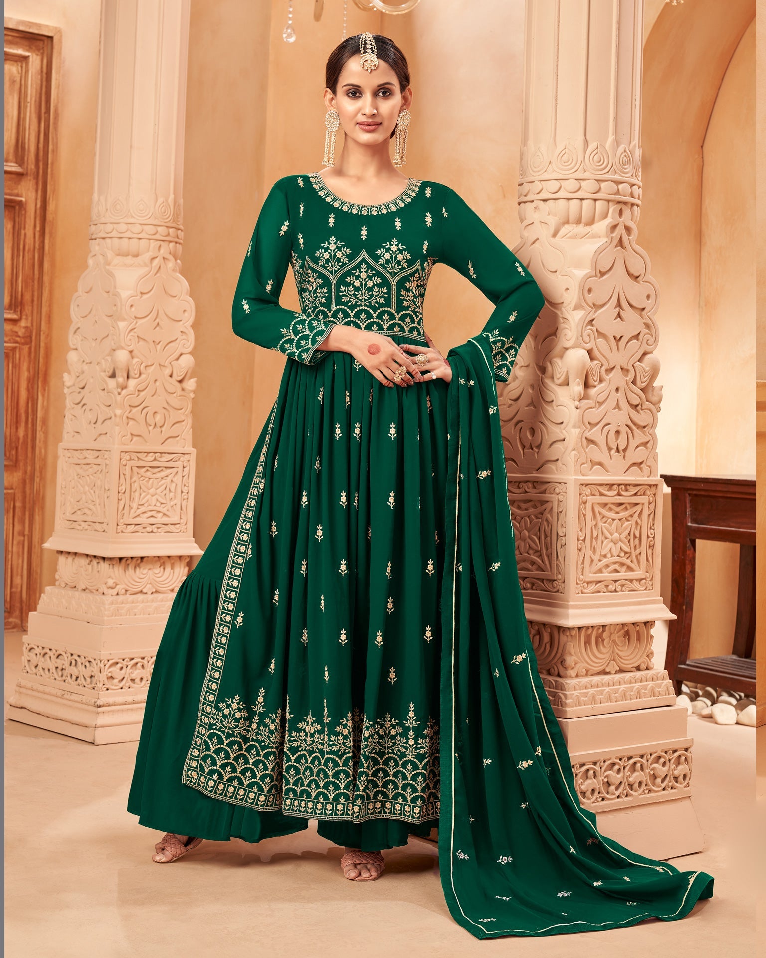 Green Georgette Thread Work Anarkali Sharara Suit