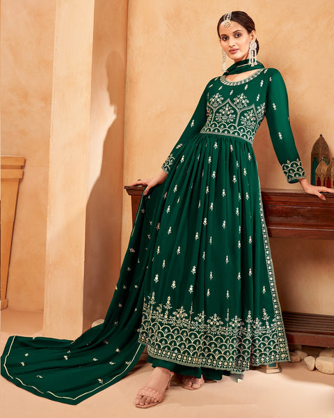 Green Georgette Thread Work Anarkali Sharara Suit