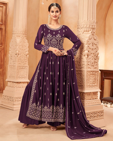 Purple Georgette Thread Work Anarkali Sharara Suit