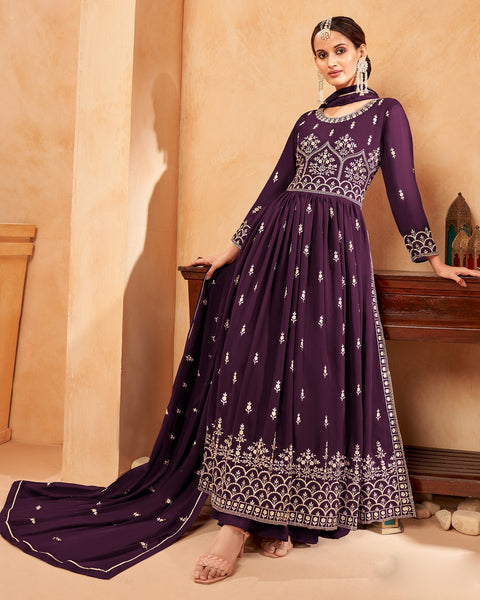 Purple Georgette Thread Work Anarkali Sharara Suit