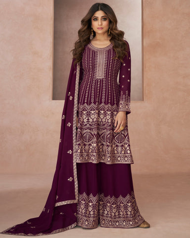 Wine Pure Georgette A Line Zari & Sequins Work Embroidered Sharara Suit