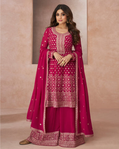 Dark Pink Pure Georgette A Line Zari & Sequins Work Embroidered Sharara Suit