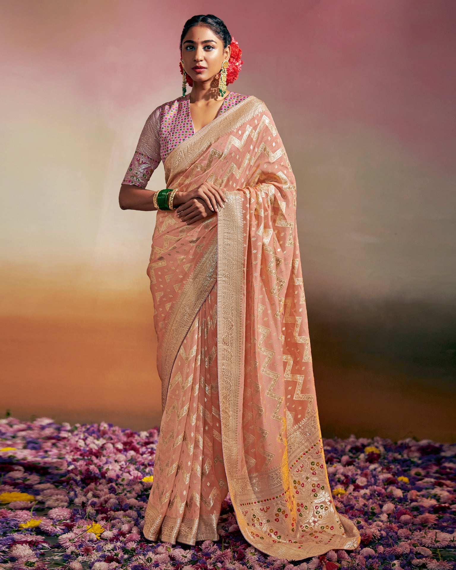 Enticing Peach Soft Banarasi Silk Saree With Impressive Blou