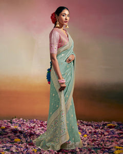 Sky Blue Silk Saree With Pink Blouse