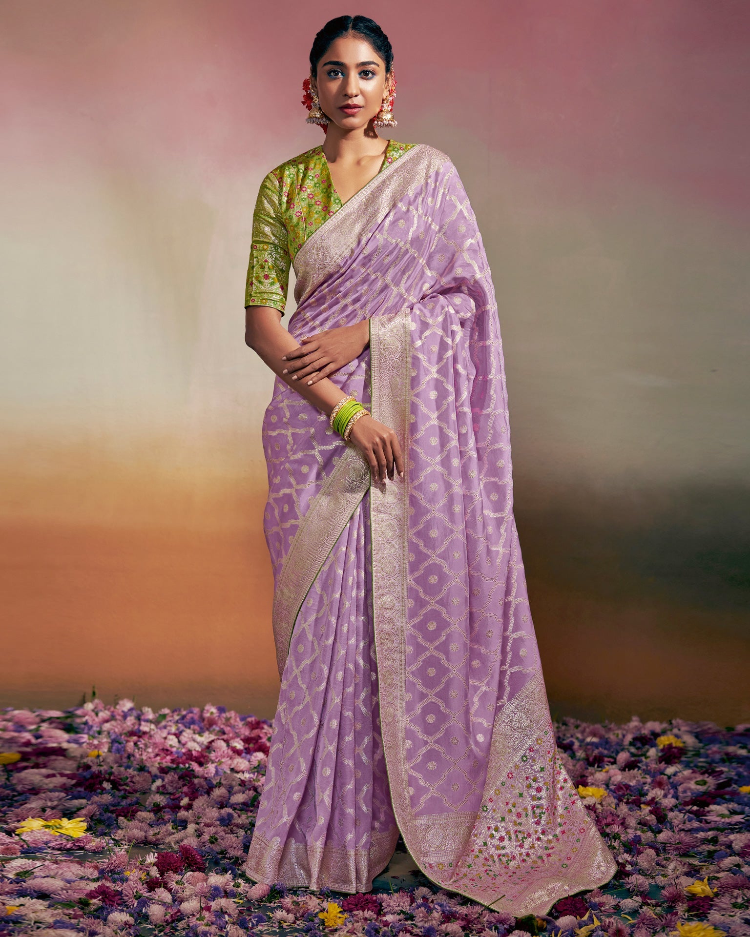 Light Purple Silk Saree With Green Blouse