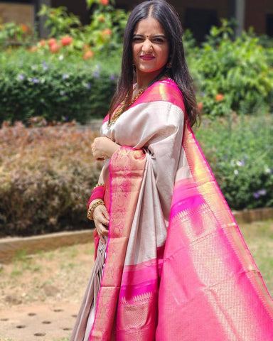 Grey And Pink Banarasi Soft Silk Saree With Zari Weaving