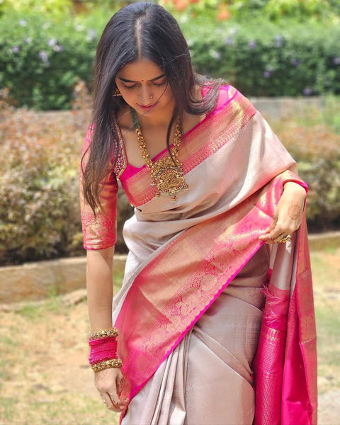 Grey And Pink Banarasi Soft Silk Saree With Zari Weaving