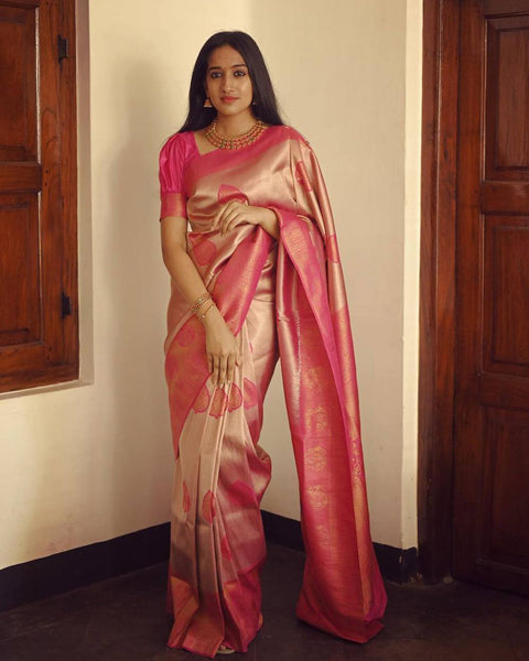 Cream And Pink Banarasi Soft Silk Saree With Zari Weaving