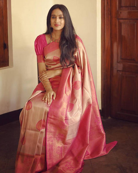 Cream And Pink Banarasi Soft Silk Saree With Zari Weaving