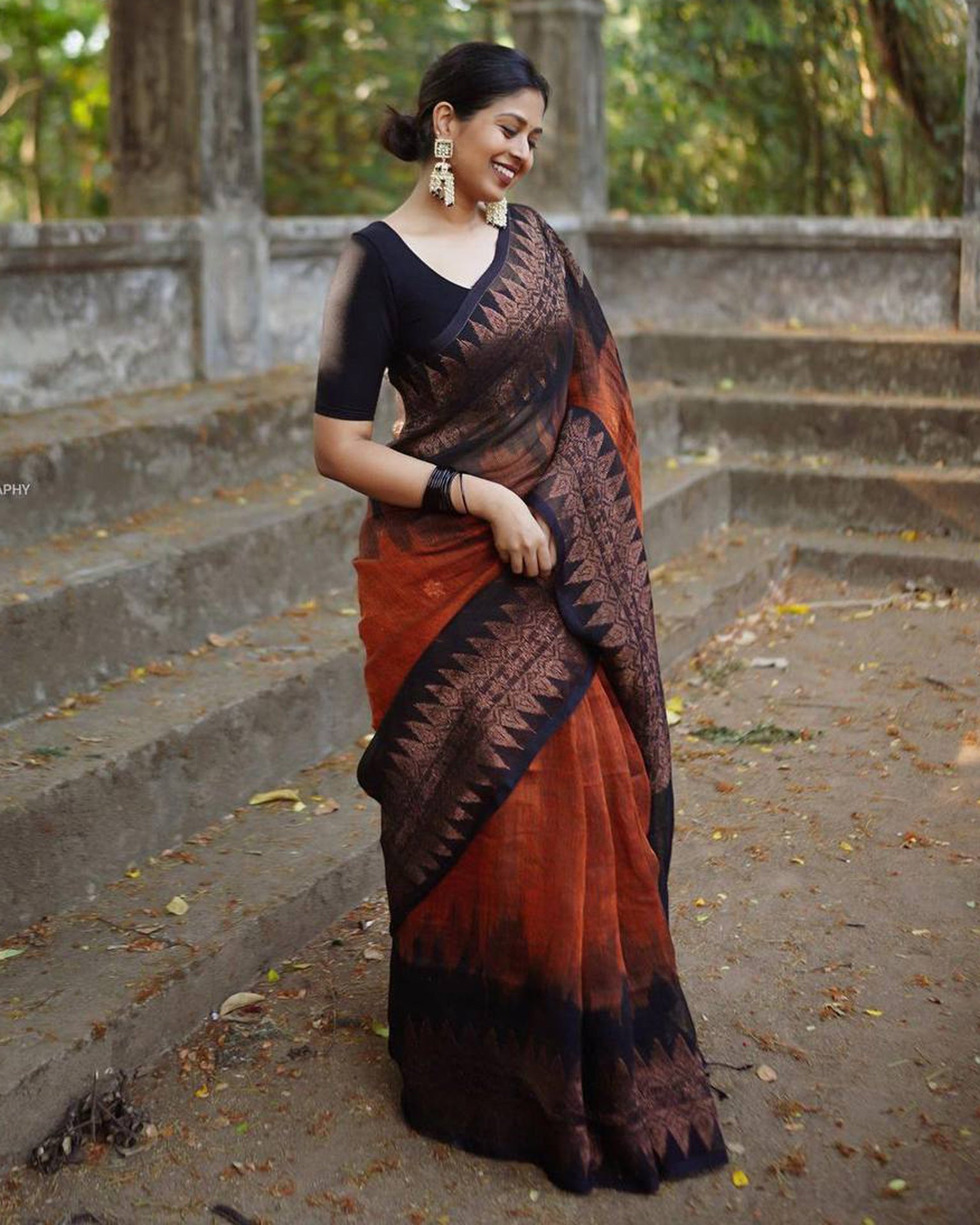 Rust And Black Banarasi Soft Silk Saree With Zari Weaving