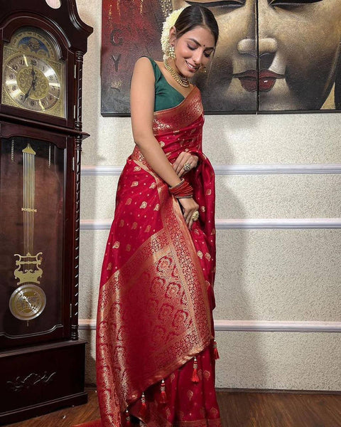 Red Banarasi Soft Silk Saree With Zari Weaving
