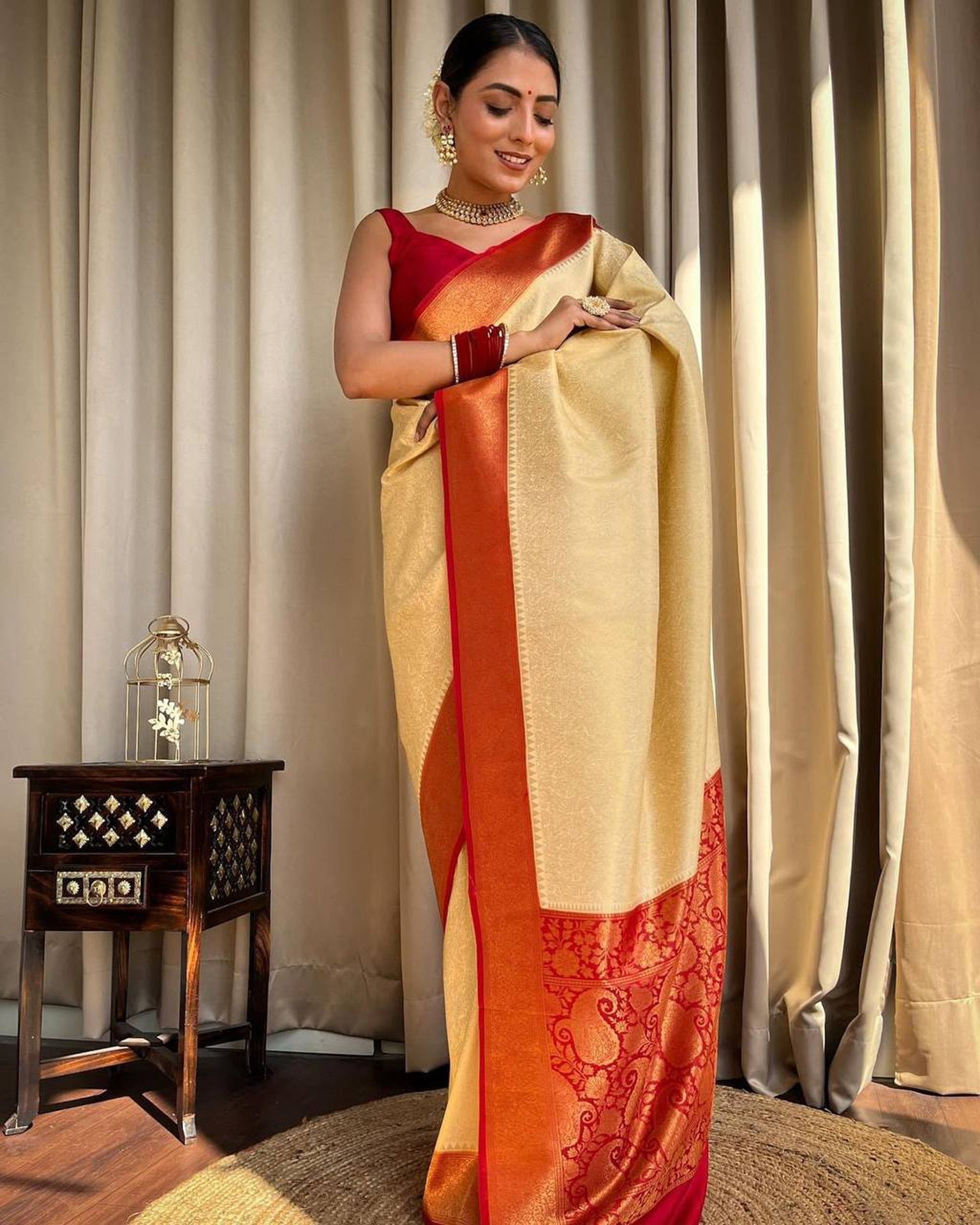 Cream And Red Banarasi Soft Silk Saree With Zari Weaving