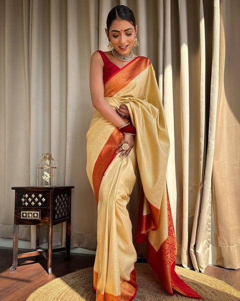 Cream And Red Banarasi Soft Silk Saree With Zari Weaving