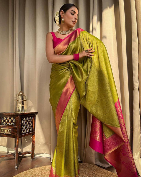 Green And Pink Banarasi Soft Silk Saree With Zari Weaving