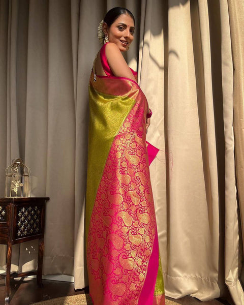 Green And Pink Banarasi Soft Silk Saree With Zari Weaving