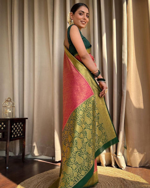 Pink And Green Banarasi Soft Silk Saree With Zari Weaving
