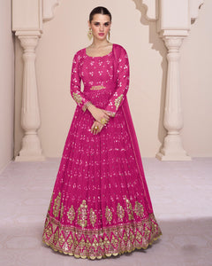 Pink Bandhani Print Georgette Chinon Sequins Work Floor Length Gown With Dupatta