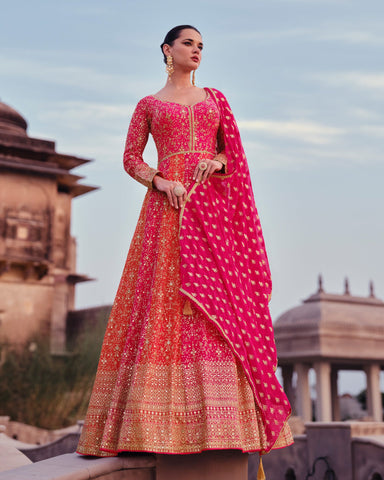 Pink Red Pure Georgette Zari & Sequins Embroidered Anarkali Gown With Dupatta