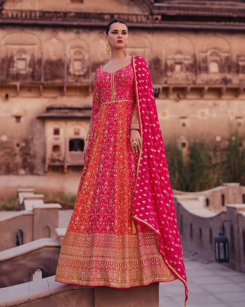 Pink Red Pure Georgette Zari & Sequins Embroidered Anarkali Gown With Dupatta