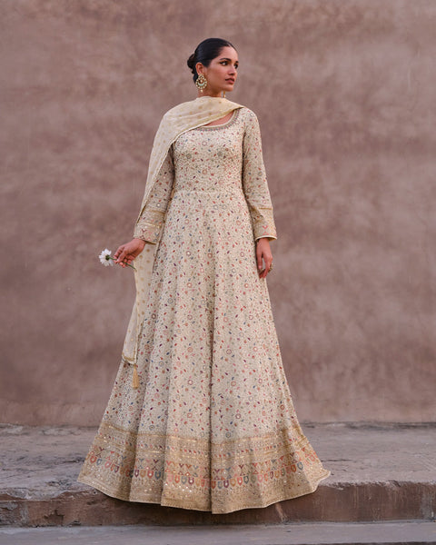 Off White Pure Georgette Zari & Sequins Embroidered Anarkali Gown With Dupatta